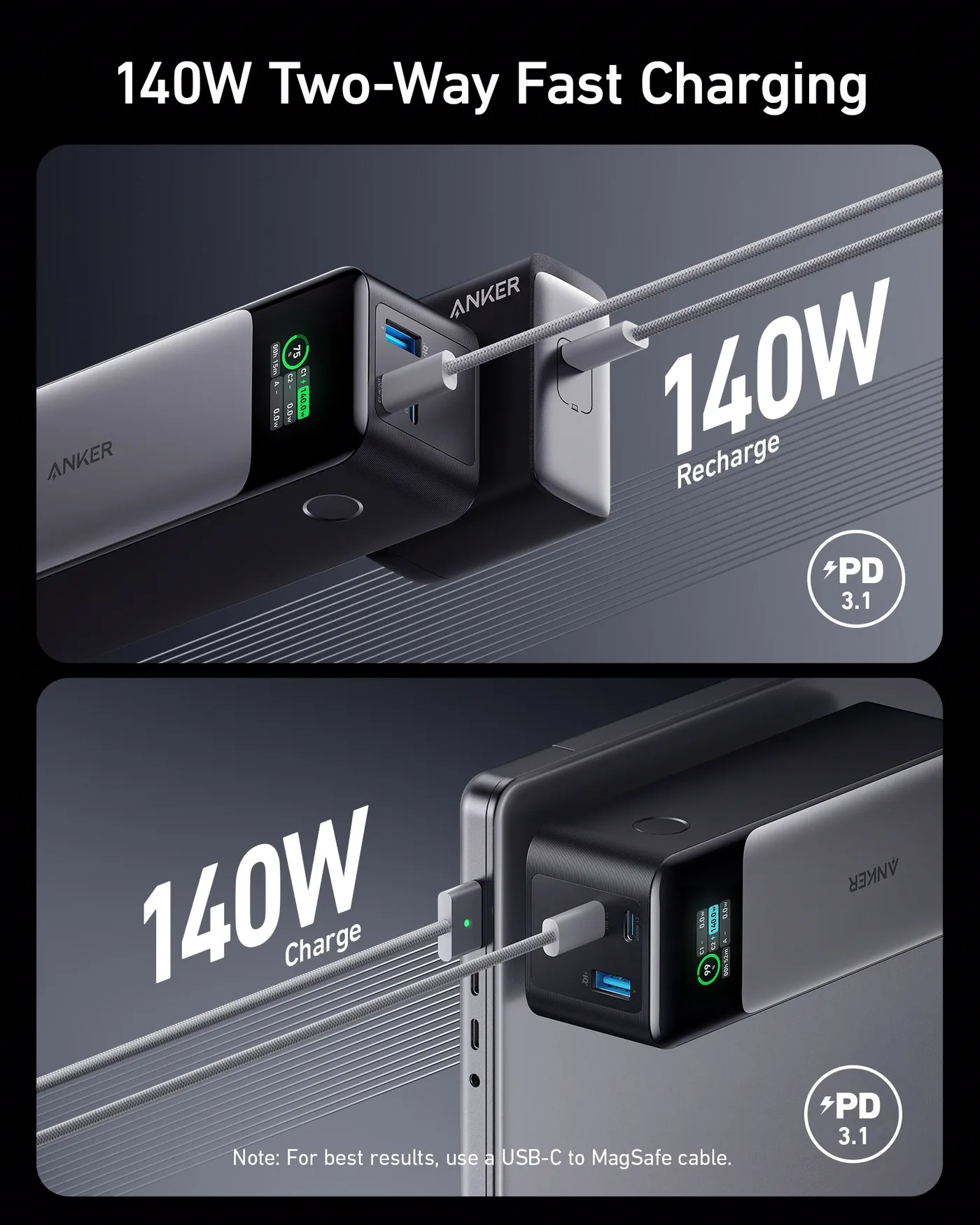 Anker 737 Power Bank met display dat laadvermogen en resterende tijd toont